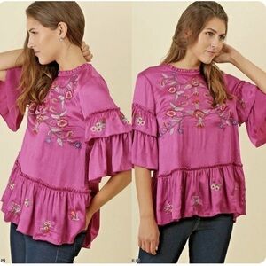 UMGEE Satin Like Embroidered Ruffle Sleeve Magenta Blouse